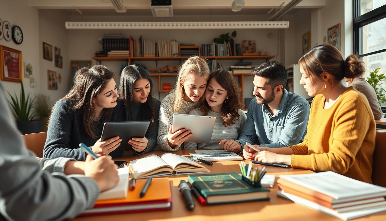 Students studying together in modern classroom